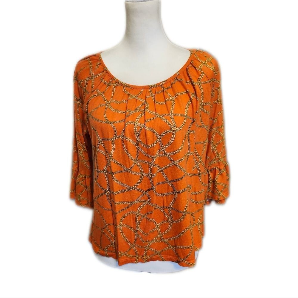 Michael Kors boat neck orange top with gold chain print detail ruffle sleeve L
